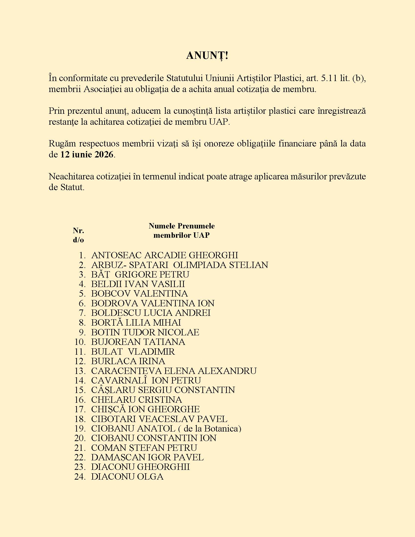 Restanțe la cotizația de membru UAP