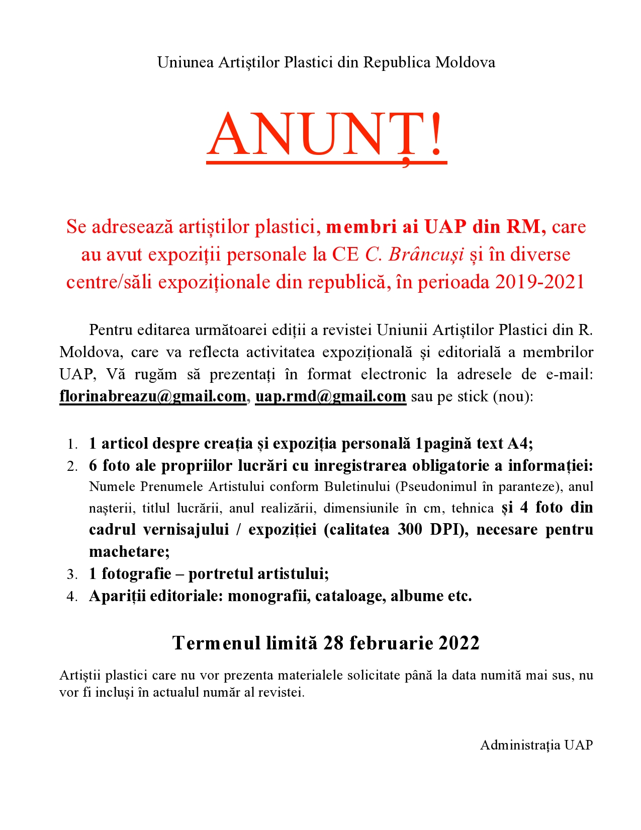 Anunţ. Publicarea revistei de artă contemporană
