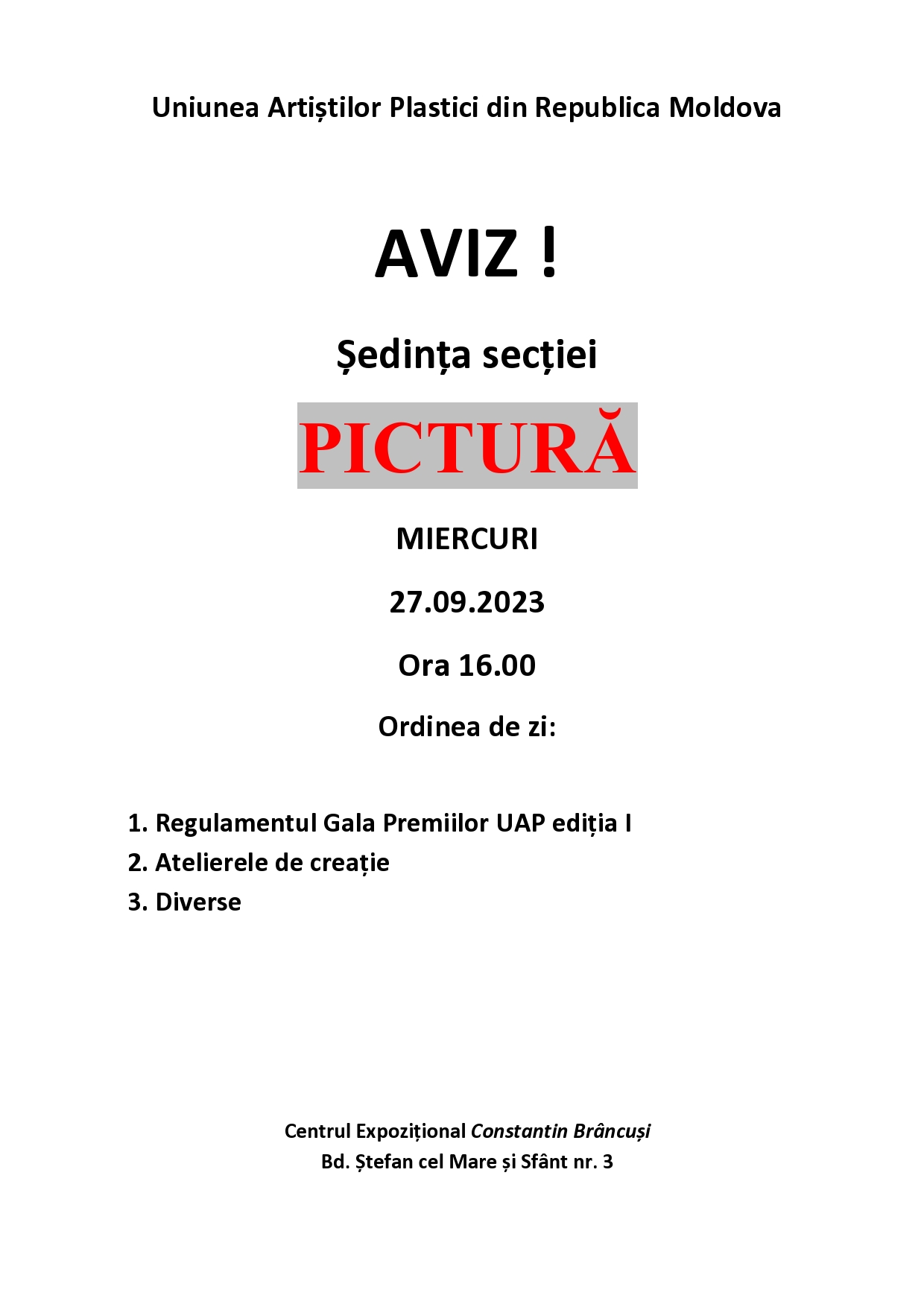 Aviz. Ședința secției Pictură din 27.09.2023