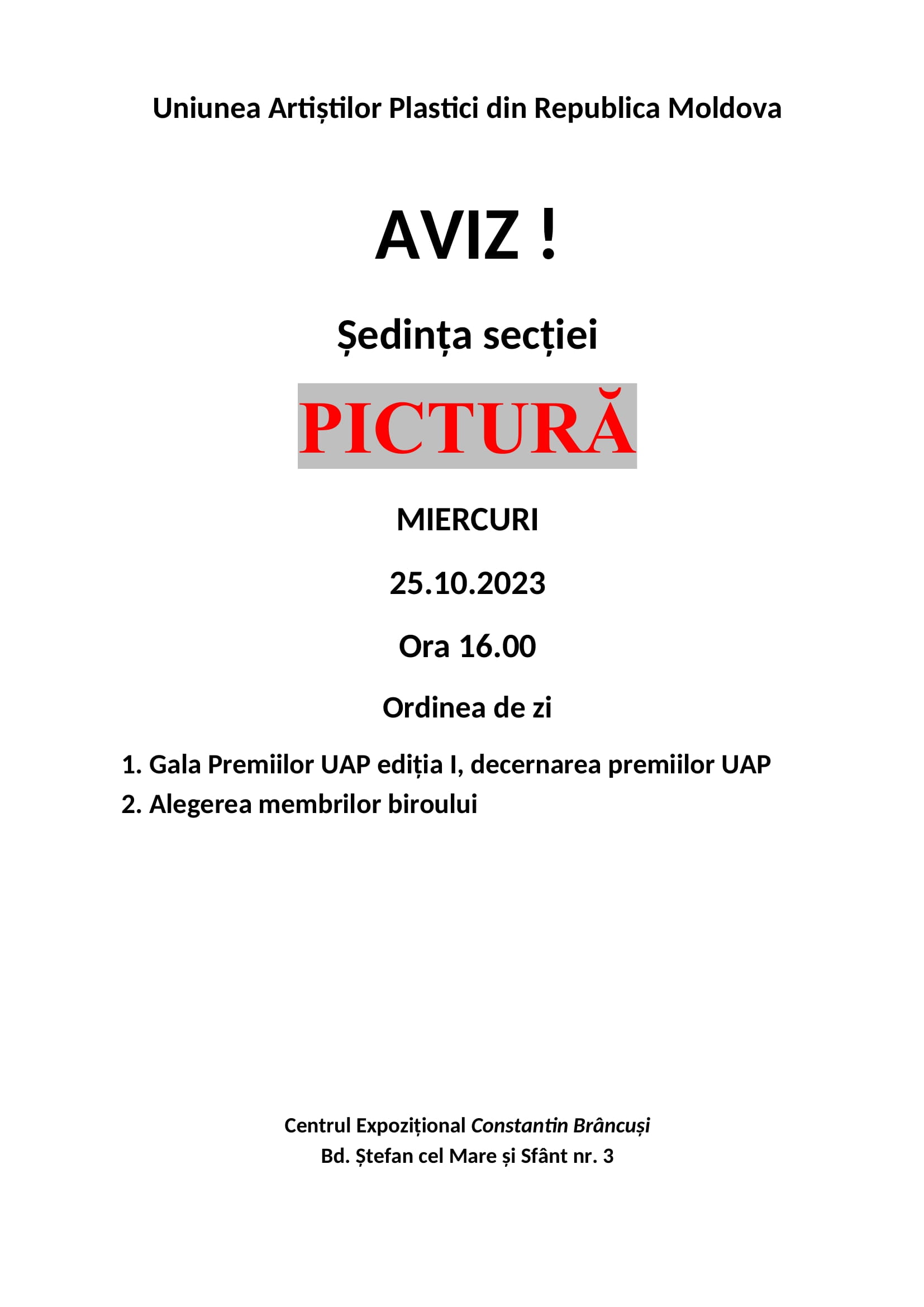 Aviz. Ședința secției Pictură din 25.10.2023