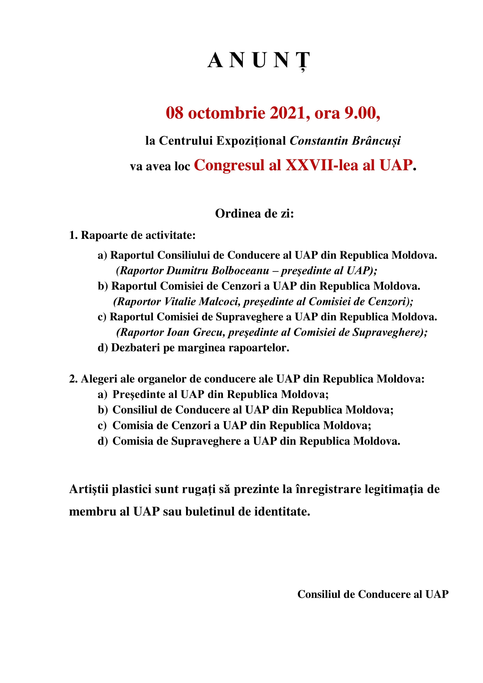 Anunţ. Congresul al XXVII-lea al UAP