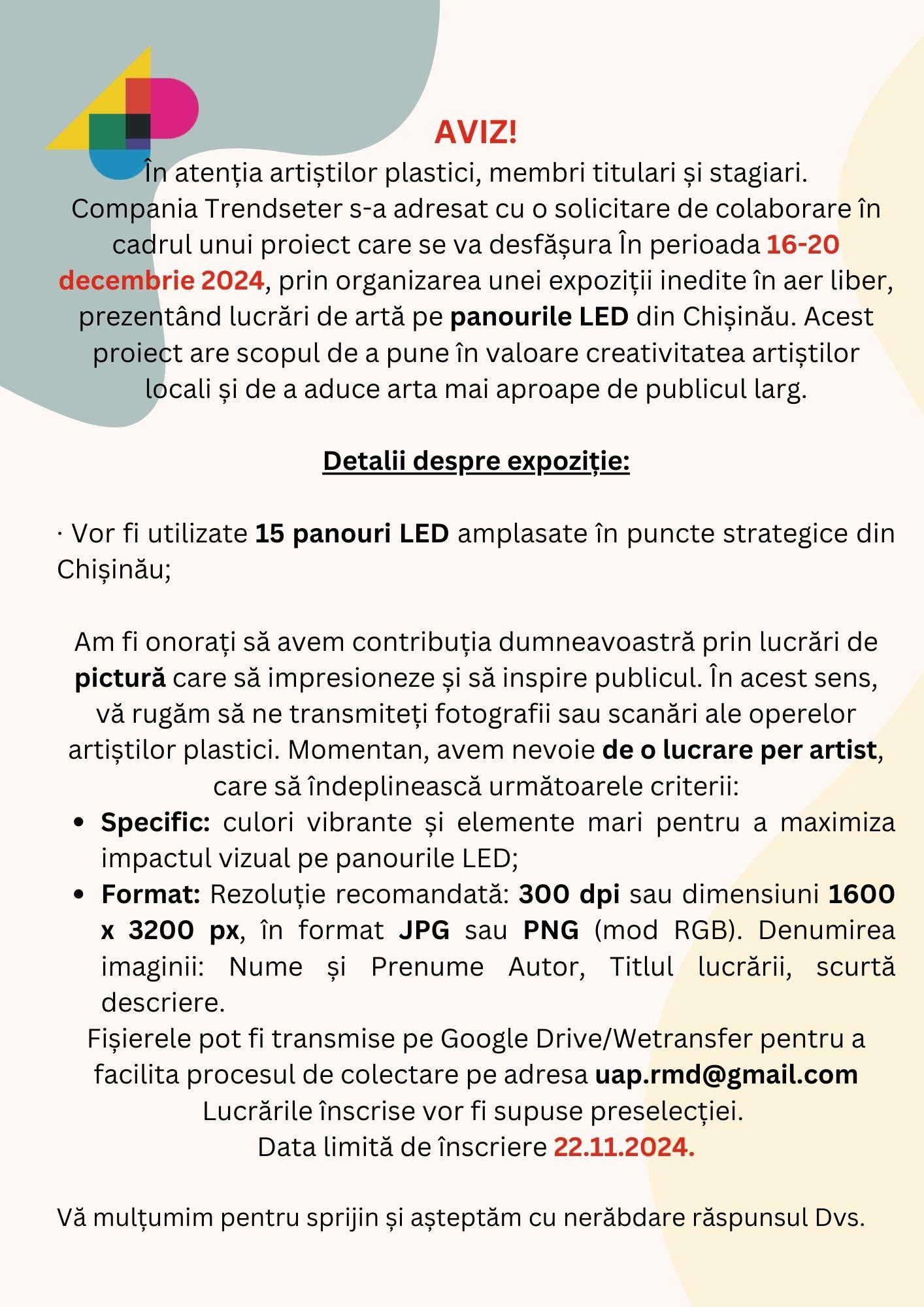 Anunț. Lucrări de artă pe panourile LED