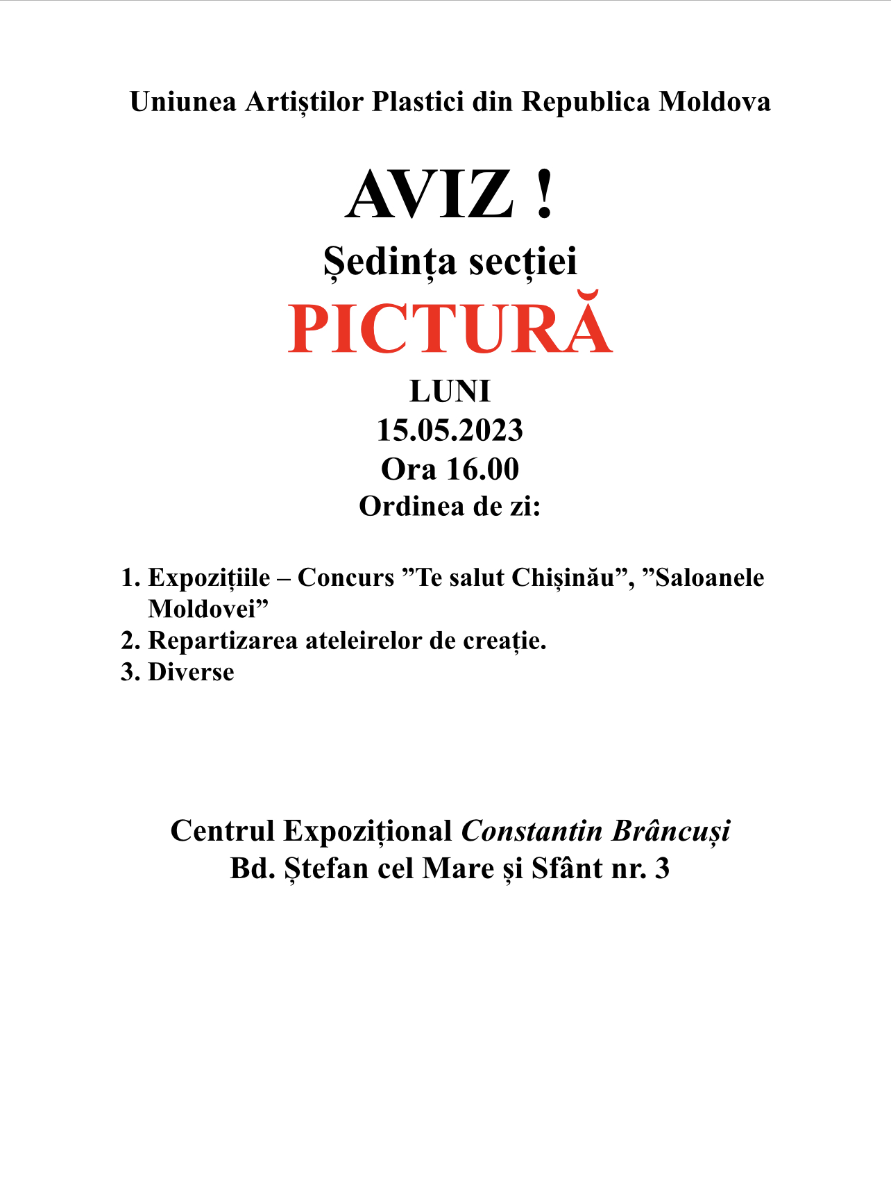 Aviz. Ședința secției Pictură din 15.05.2023