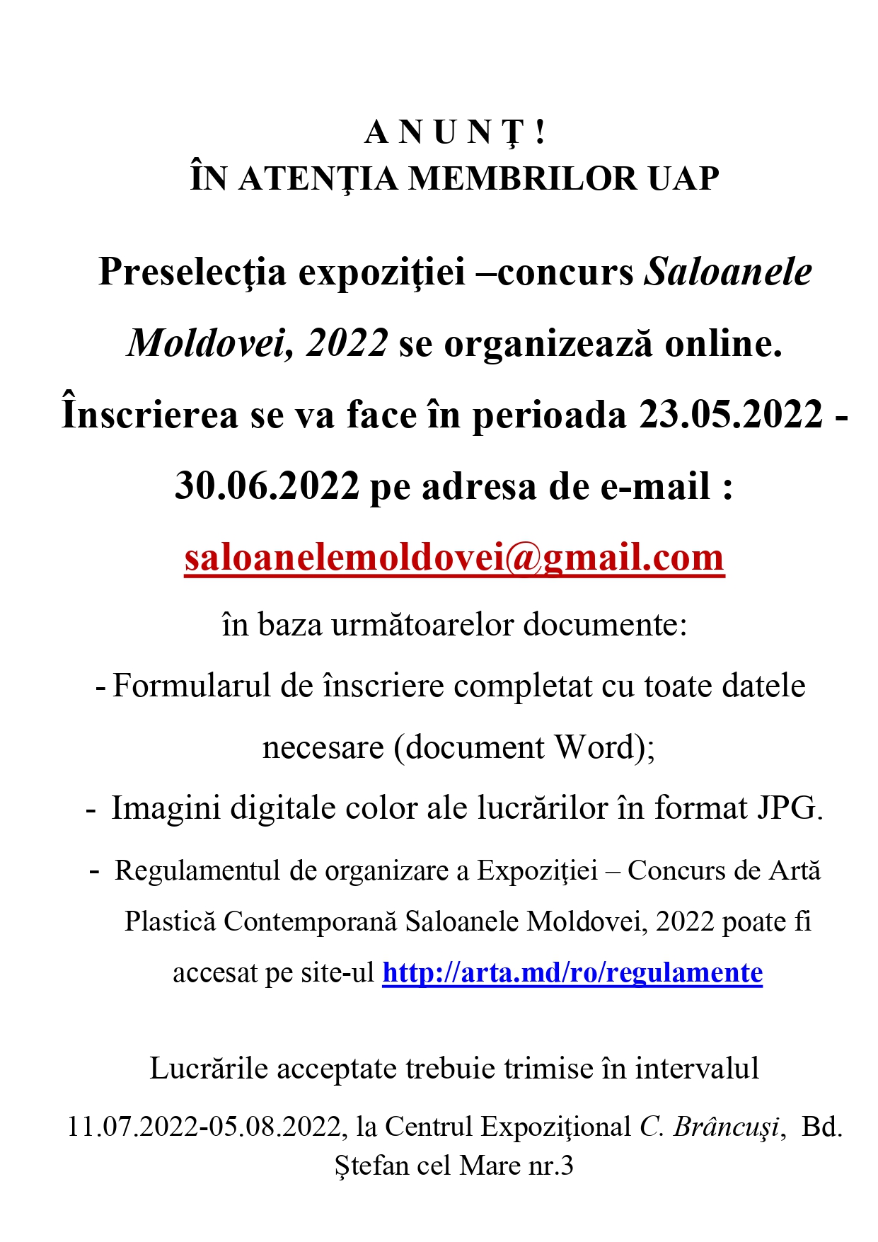 Anunț. Preselecția expoziției-concurs Saloanele Moldovei 2022
